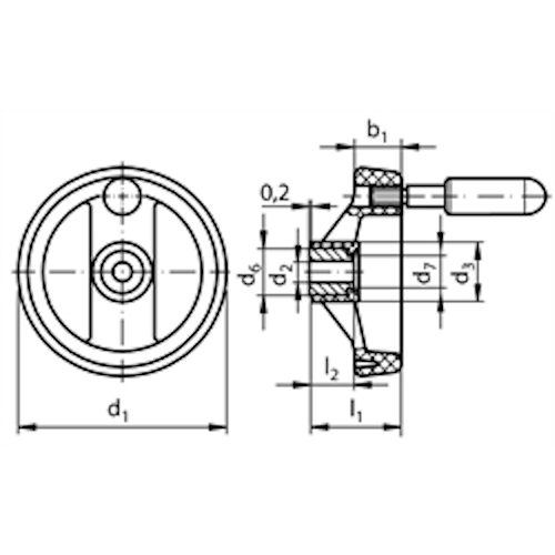 Speichen-Handräder 522 aus Kunststoff mit Griff