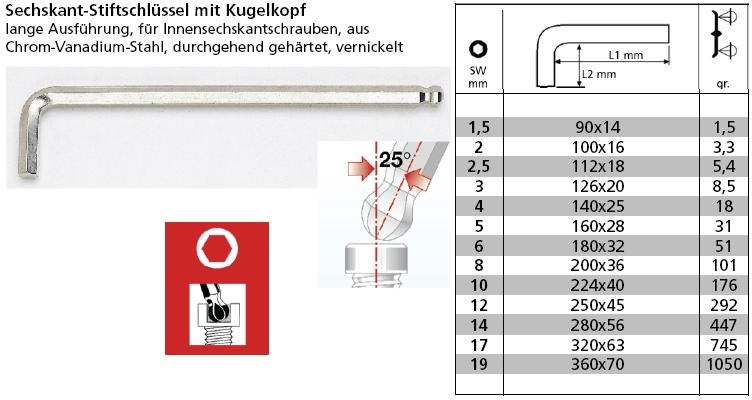 Stiftschlüssel Sechskant mit Kugelkopf lange Ausführung